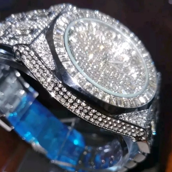 Mens Full Covered Iced Out Round & Baguette Bling Simulated Diamond Quartz Watch - Picture 8 of 13